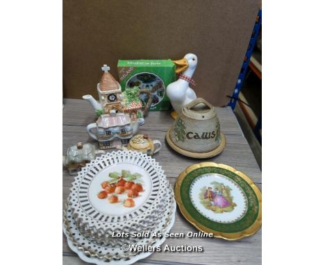 ASSORTED CERAMICS INCLUDING LIMOGES PLATE, CERAMIC DUCK AND TEA POTS