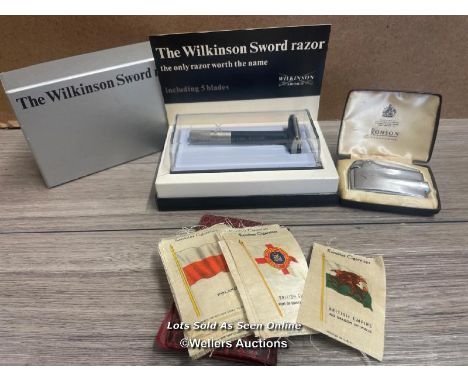 VINTAGE WILKINSON SWORD RAZOR (NEVER USED), ROLSON LIGHTER AND COLLECTABLE CIGARETTE FLAG PATCHES