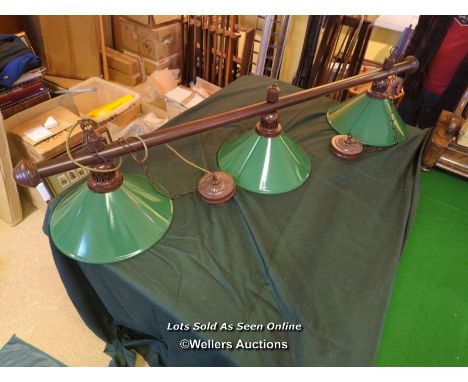 SNOOKER TABLE OVERHEAD LIGHT WITH THREE GREEN METAL SHADES / 145CM (L) [THIS LOT WILL NEED COLLECTING FROM THE ACADEMY BILLIA