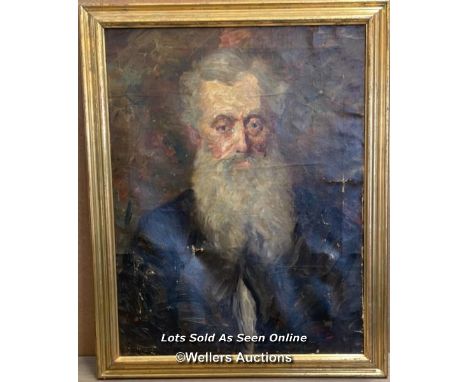 OIL ON CANVAS PORTRAIT OF AN ELDERLY GENTLEMAN, FAINT SIGNATURE, IN NEED OF RESTORATION. 58 X 73CM 