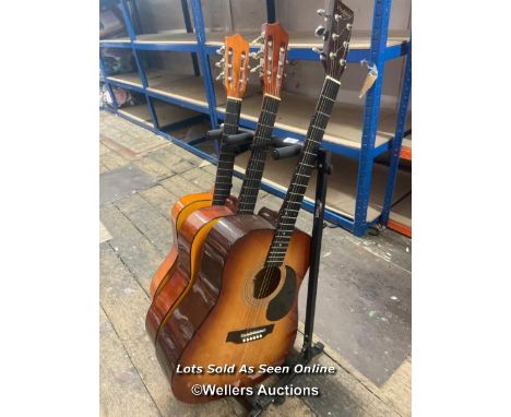 THREE ACCOUSTIC GUITARS INCLUDING HUDSON WITH GUITAR STAND