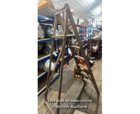OLD WOODEN STEP LADDER, 140CM HIGH 