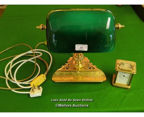 ANTIQUE BRASS DESK LAMP WITH GLASS SHADE AND MANTLE CLOCK [THIS LOT WILL NEED COLLECTING FROM THE ACADEMY BILLIARD COMPANY IN