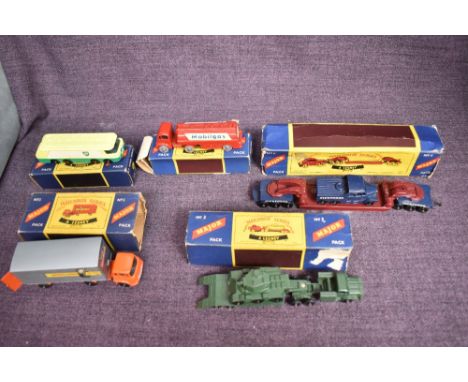 Five Lesney Matchbox Major Pack diecasts, No 1 BP Petrol Tanker in original box, No 2 York Freightmaster Trailer, in original