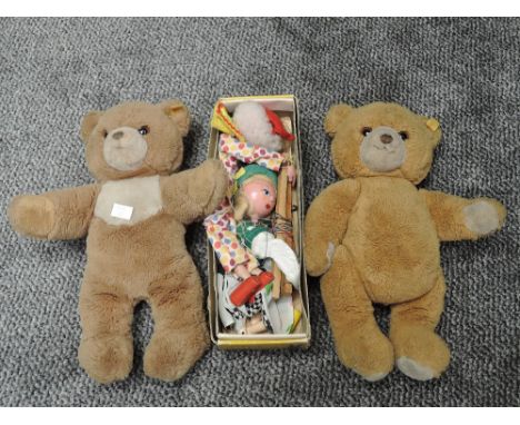 Two Pelham Standard Puppets, one boxed along with two modern Steiff Yellow Tag Teddy Bears