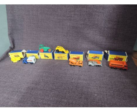 Seven Matchbox Lesney diecasts, 1 Diesel Road Roller, 8 Caterpiller, 15 Tippax Refuse Lorry, 17  8-Wheel Tipper, 24 Hydraulic