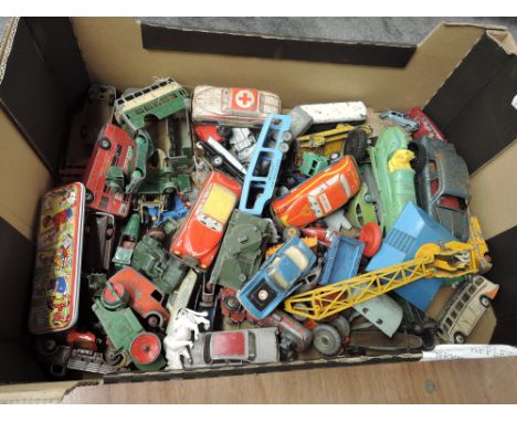 A box of playworn diecasts including early Dinky and Corgi, 1960's tin plate and plastic cars, Lesney and later Corgi