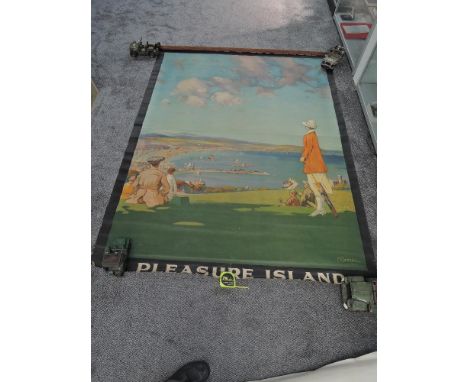A large original portrait Isle of Man Advertising Poster after P.Chisolm, Pleasure Island, having wooden top hanging rail att