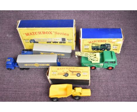 Three Lesney Matchbox Series diecasts, Major Pack M-9 Inter-State Double Freighter, Major Pack M-10 Whitlock Dinkum-Dumper an