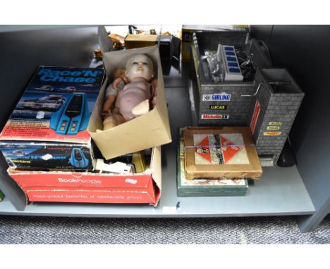 A shelf of vintage Toys and Games including Bambino Race &amp; Chase Electronic Game, Finnish plastic Estate Car, Monopoly, M