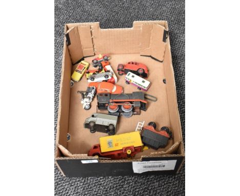 A small box of playworn diecasts incuding Dinky Heinz 57 Van, Fire Engine, Citroen 1200K Van etc