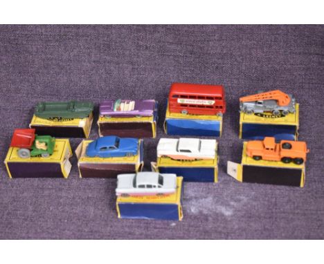 Nine Lesney Matchbox Series diecasts, 1960-1961 boxes, 2 Dumper, 5 London Routemaster Bus, 15 Prime Mover, 22 Vauxhall Cresta