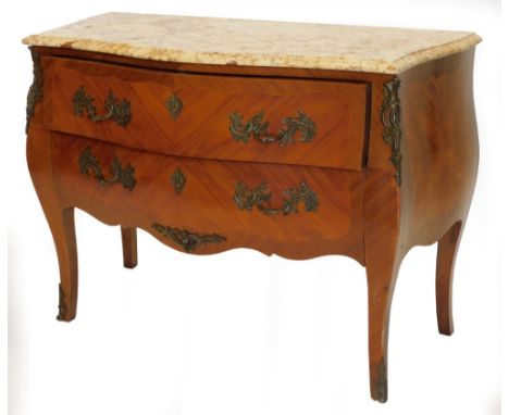 A French mahogany commode, with a serpentine shaped top with a variegated yellow marble, above two drawers, each with rococo 