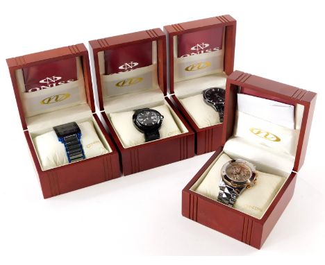 A collection of four Oniss of Paris wristwatches, comprising gentleman's stainless steel and ceramic examples.