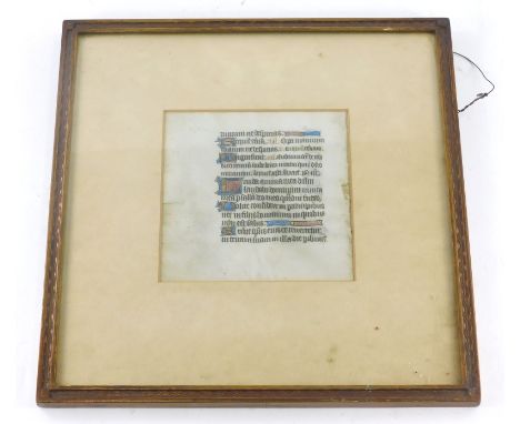A 15thC manuscript fragment, Book of Hours, written in Gothic script with illuminated lettering, framed, 16cm x 15cm.