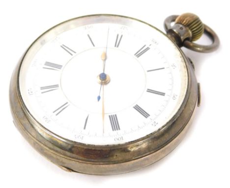 A Victorian silver cased chronograph pocket watch, stamped 27466, with enamel Roman numeric dial, Chester 1896.