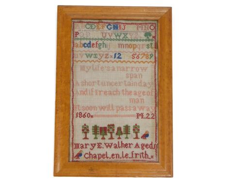 A mid 19thC alphabetic sampler, by Mary E. Walker aged 11, Chapel En Le Frith, 34cm x 20cm.