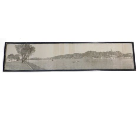 An oriental print on fabric, possibly silk, depicting an oriental scene with boats, etc., possibly Hong Kong, stamped to bott
