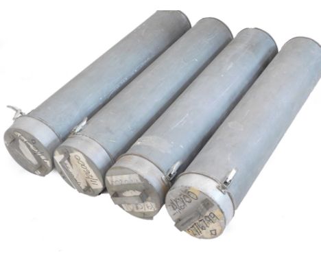 Four aluminium map or print canisters, with handles to the lids.