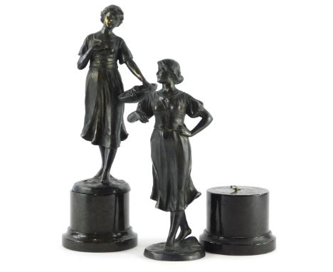 20thC School. Figures of ladies, one carrying a basket of fruit, bronze, each on a marble plinth, 30cm high overall.