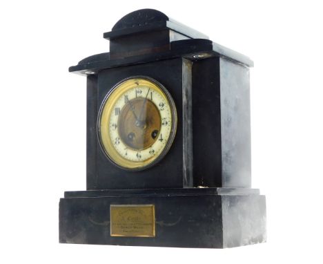 A late 19thC French black slate mantel clock, with presentation plaque, presented to a Coote by his fellow attendance Berry W