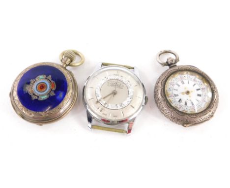 Three various watches, to include a silver Harpenen fob watch, with a white enamel dial, and hand painted decoration of flowe