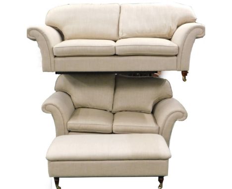 A three seat sofa, matching two seat sofa and a long foot stool, in the George Smith style, upholstered in beige woven fabric