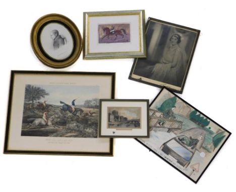 A photograph of Laura Kenny during her presentation at court, various pictures and prints, to include a cartoon relating to a