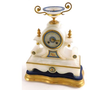 A late 19thC continental alabaster mantel clock, with an urn shaped two handled crest, the dial with blue lapis coloured bord