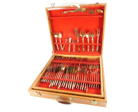 A canteen of nickel bronze cutlery, label for K. King's Bee, in a hardwood case.