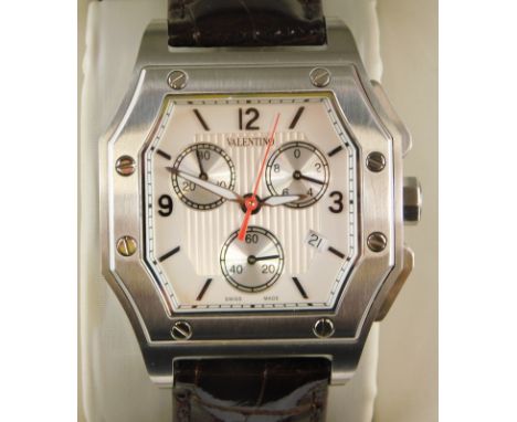 A gentleman's Valentino stainless steel wristwatch, having octagonal case with silvered patisserie dial having three sub dial