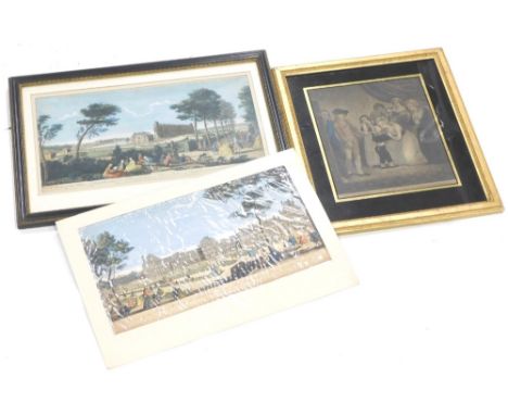 After Rigand. A view of the Palace of Chantilli, coloured engraving, another similar and a print of the Seperator of the Daup