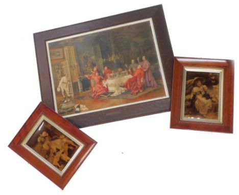 Arthur J Elsley. Children with kittens and dogs, crystoleums, a pair 25cm by 17cm, and a print after Brunery of cardinals dri