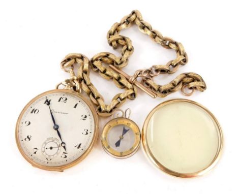 A Grosvenor 9ct gold pocket watch, with silvered dial, seconds dial and blue hands, 4.5cm wide, (AF), on an embossed 9ct gold