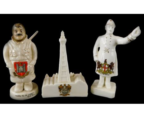 A Carltonware crested figure, titled Yours To A Cinder Old Bill, decorated with the crest of Doncaster, a Goss crested Blackp