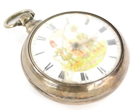 A Victorian silver cased pocket watch, by William Green Grantham, 427, with enamel dial painted with standing figures, with f