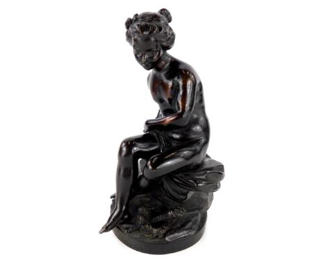 19thC Continental School. Figure of a nude lady, seated beside a torch and a reef, unsigned, bronze, 27cm high.