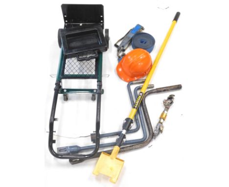 A quantity of trucker tools, to include a Cargo Stop pump truck parker and a sack barrow, a Mounty applicator, a orange hard 