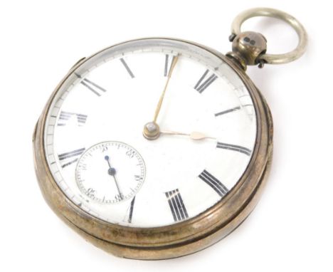 A Victorian silver cased pocket watch, with an enamel Roman numeric dial, fusee movement stamped 66465, London 1877.