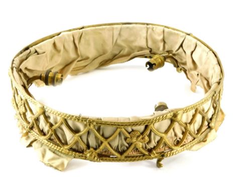A gilt metal ceiling light, decorated with arches, etc., and three light fittings, 43cm diameter.