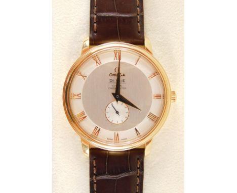 A gentleman's Omega 18ct gold De Ville coaxial chronometer wristwatch, ref 46143002 with calibre 2202, having brushed silver 