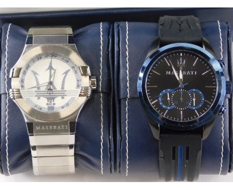 Two Maserati branded gentleman's fashion watches, one having trident surrounded in stainless steel case, the other with a cer
