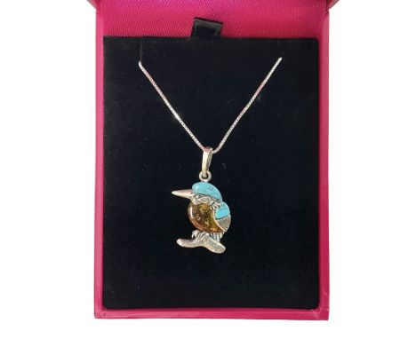 Silver Baltic Amber and Turquoise Kingfisher Pendant Necklace. Stamped 925.This sweet little silver Kingfisher is made with B