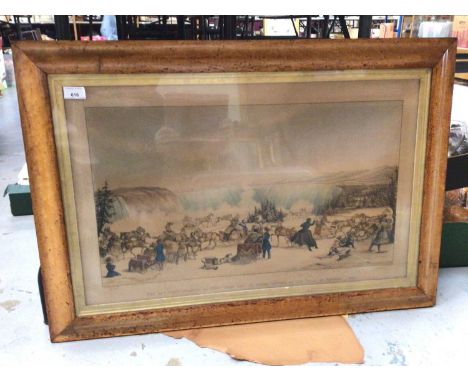 Victorian lithographic print- The 43rd Light Infantry as they turn out in their sleighs at the falls of Niagara 1839, mounted