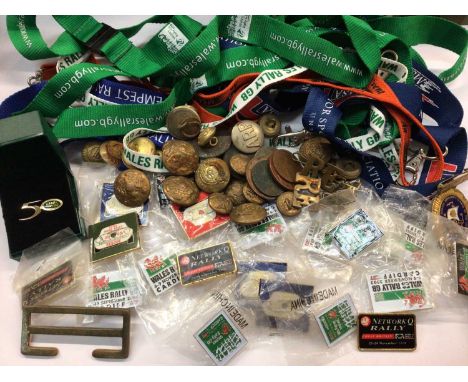 Group of enamel car badges, including rally recovery badges, together with a quantity of coins, cap badges, etc