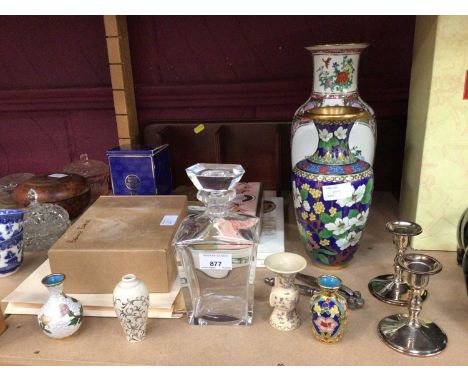 Cloisonné vases, oriental vase, Beanie Babies &amp; Past Times bear, wooden shelf unit , glass scent bottle and sundries