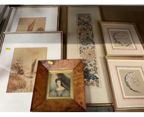 Chinese sleeve embroidery, two late 19th century watercolours by Leslie Rackham, Regency portrait miniature in original frame