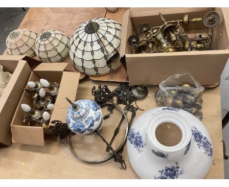Group of light fittings to include three Tiffany style leaded glass ceiling lights, hanging oil lamp-style light, 1920s anodi