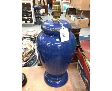 Denby pottery blue glazed table lamp, 40cm in height.