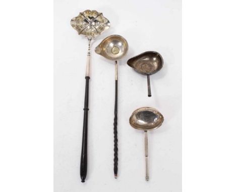 Georgian silver double lipped toddy ladle, with turned wood handle (London 1790), together with one with twisted whalebone ha